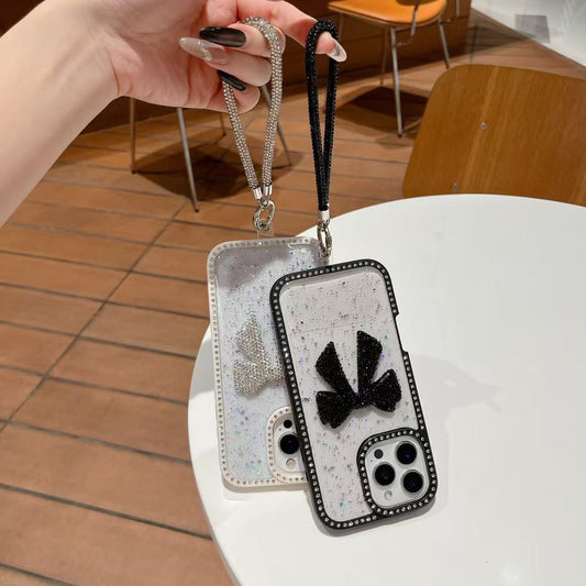 Luxury Glitter Bow iPhone 16 Pro Case with Rhinestone Wrist Strap – Premium Protective Cover