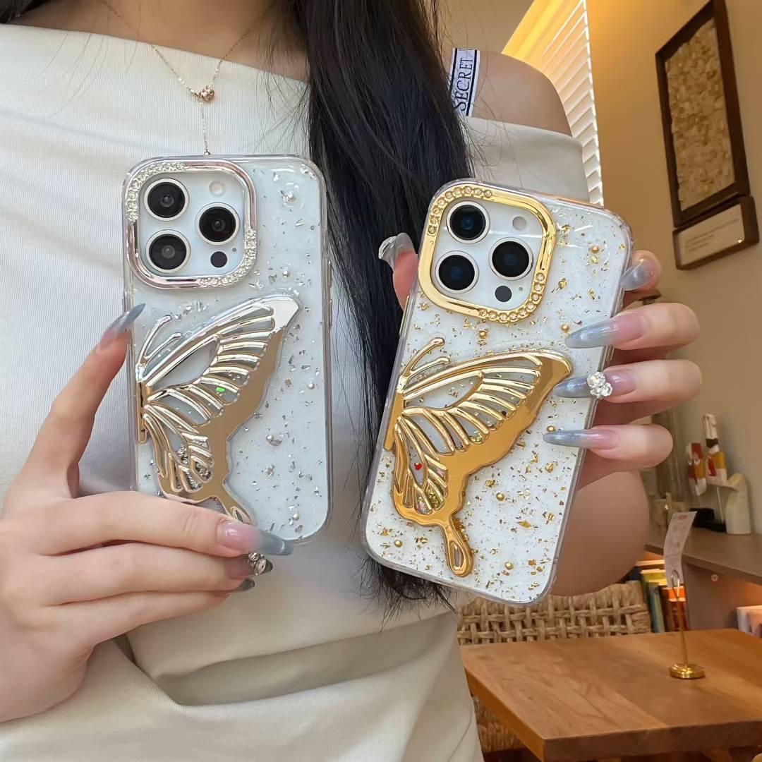 Luxury Butterfly Bling Case for iPhone 16 Pro / Pro Max – Diamond Sparkle, Gold & Silver 3D Design